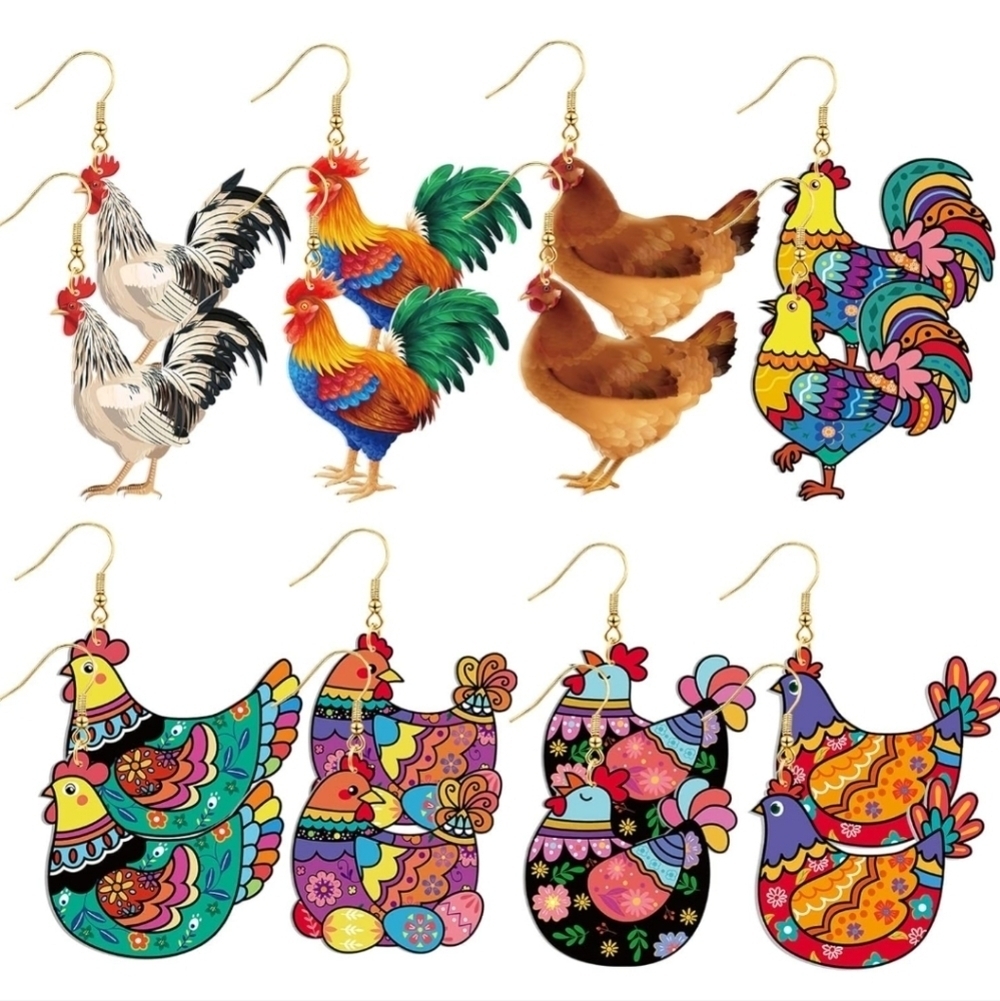 8 Pairs Gold Colorful Rooster and Hen Earrings Set